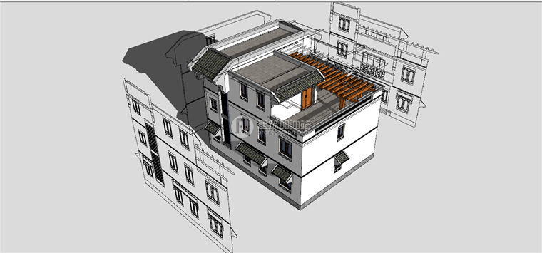 中式徽派小商业别墅SU模型/Sketchup模型+cad方案图纸+效果图+psd素建筑资源