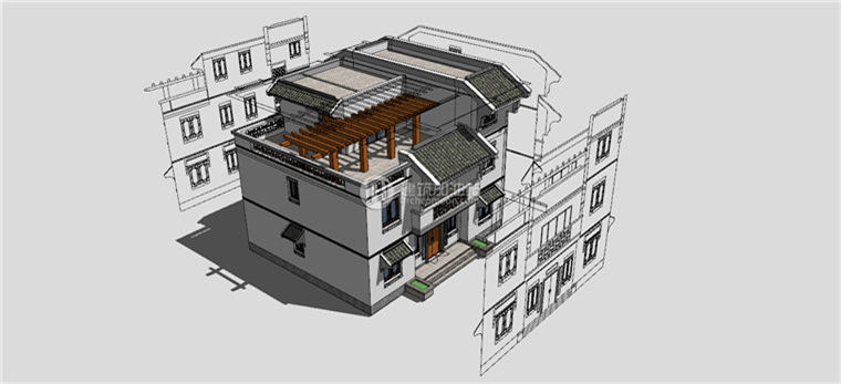 中式徽派小商业别墅SU模型/Sketchup模型+cad方案图纸+效果图+psd素建筑资源