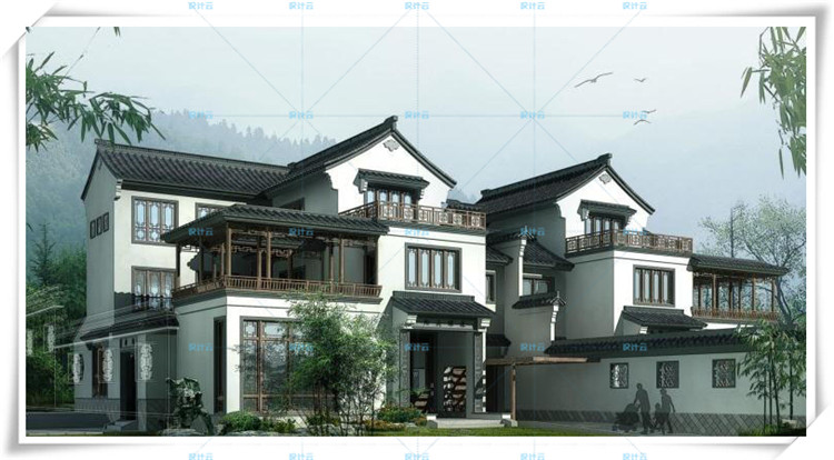 完整古典园林风格类独栋双拼商业别墅建筑设计CAD+3D模型+高清效果图