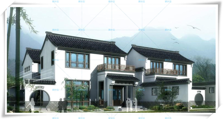 完整古典园林风格类独栋双拼商业别墅建筑设计CAD+3D模型+高清效果图