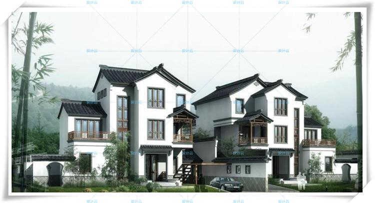 完整古典园林风格类独栋双拼商业别墅建筑设计CAD+3D模型+高清效果图