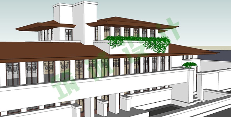 完整罗宾商业别墅/罗比住宅SU+CAD+PPT带尺寸赖特大师