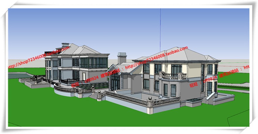 毕业设计欧式美式商业别墅平立面skp/su模型+cad图纸+效果图+3Dmax模型建筑资源