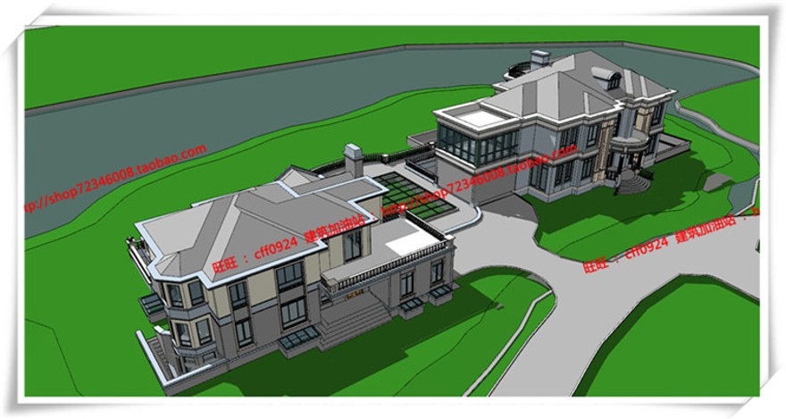毕业设计欧式美式商业别墅平立面skp/su模型+cad图纸+效果图+3Dmax模型建筑资源