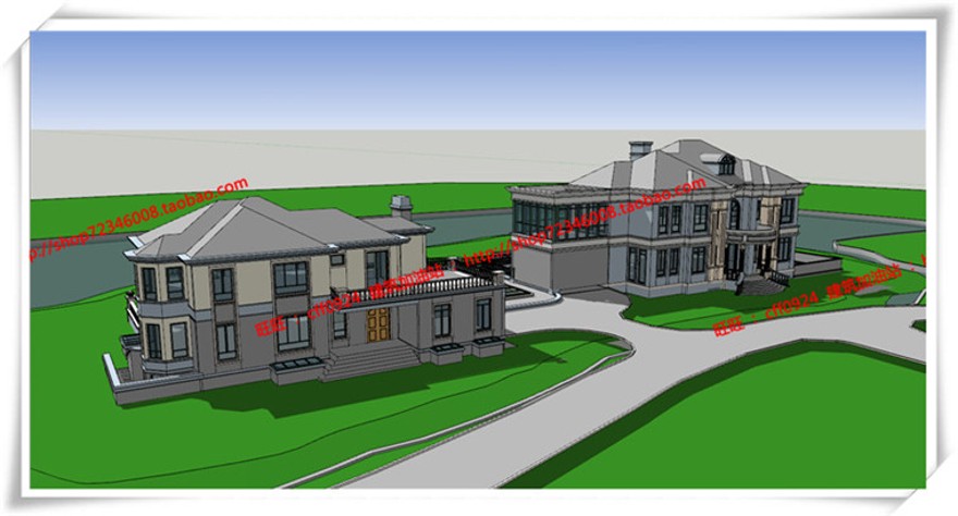 毕业设计欧式美式商业别墅平立面skp/su模型+cad图纸+效果图+3Dmax模型建筑资源