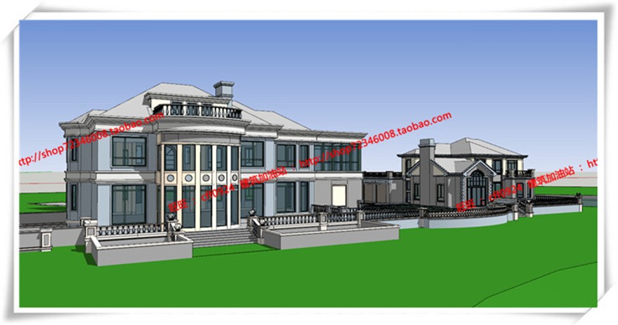 毕业设计欧式美式商业别墅平立面skp/su模型+cad图纸+效果图+3Dmax模型建筑资源