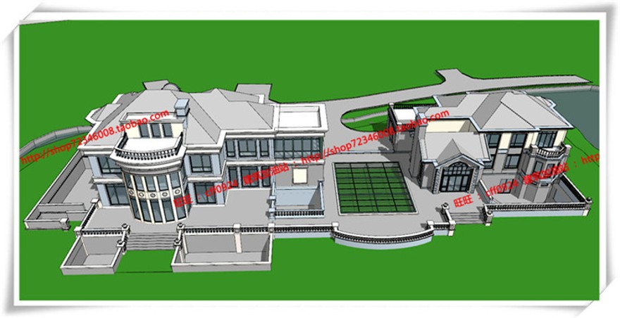 毕业设计欧式美式商业别墅平立面skp/su模型+cad图纸+效果图+3Dmax模型建筑资源