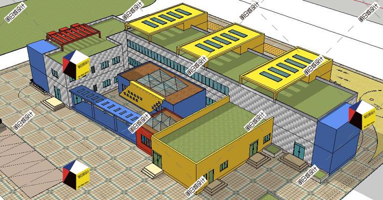 完整现代风6班幼儿园cad平立剖图纸+su模型效果图方案文本