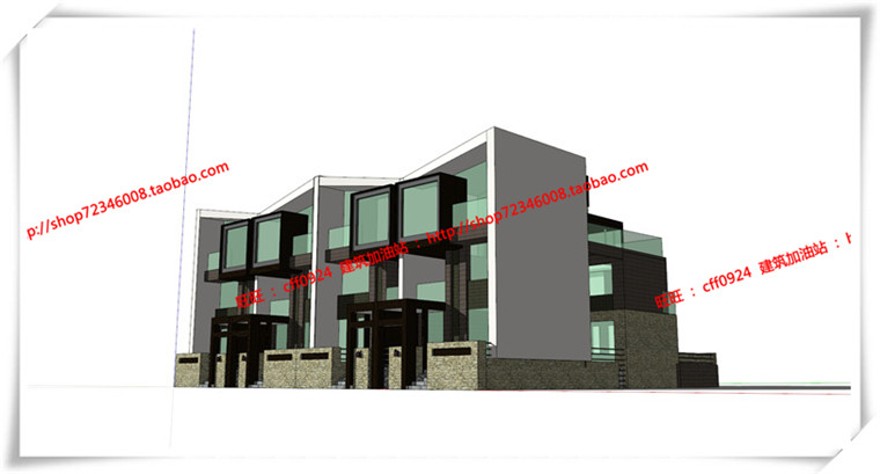 建筑资源59南汇新场镇商业别墅双拼cad平面立面su模型+cad图纸+效果图