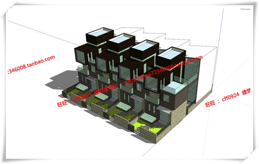 建筑资源59南汇新场镇商业别墅双拼cad平面立面su模型+cad图纸+效果图