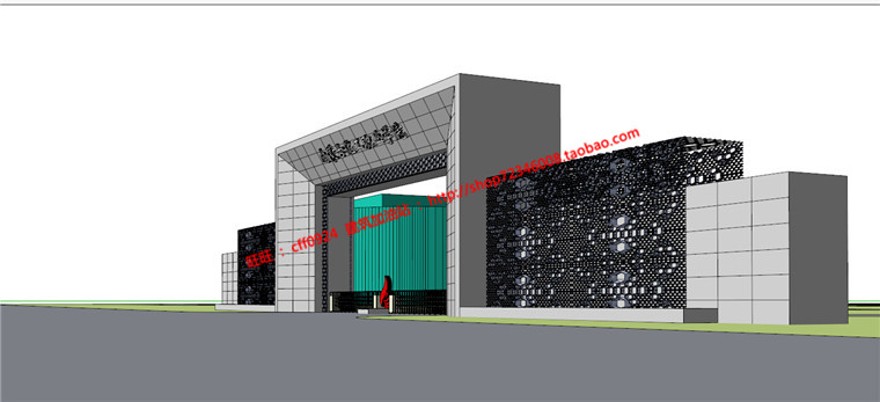 学校大门建筑方案设计门卫su模型+cad图纸效果图