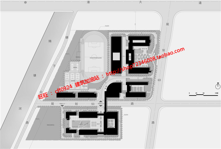 学校高校园区规划方案设计cad图纸su模型文本jpg效果图