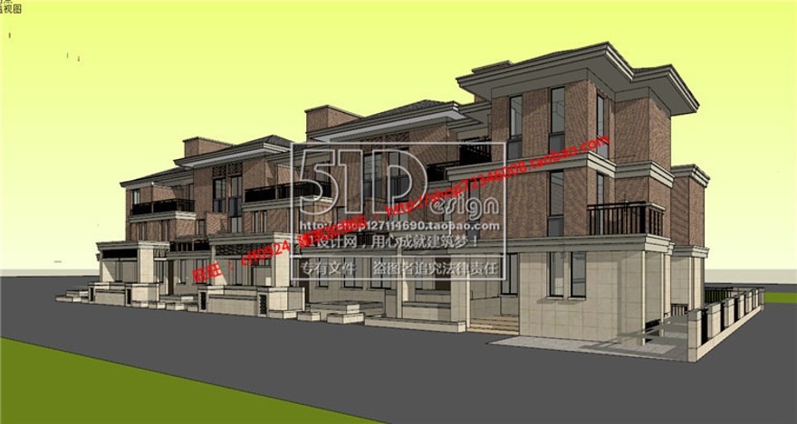 中式联排商业别墅精细su模型+cad图纸+效果图建筑景观规划资料