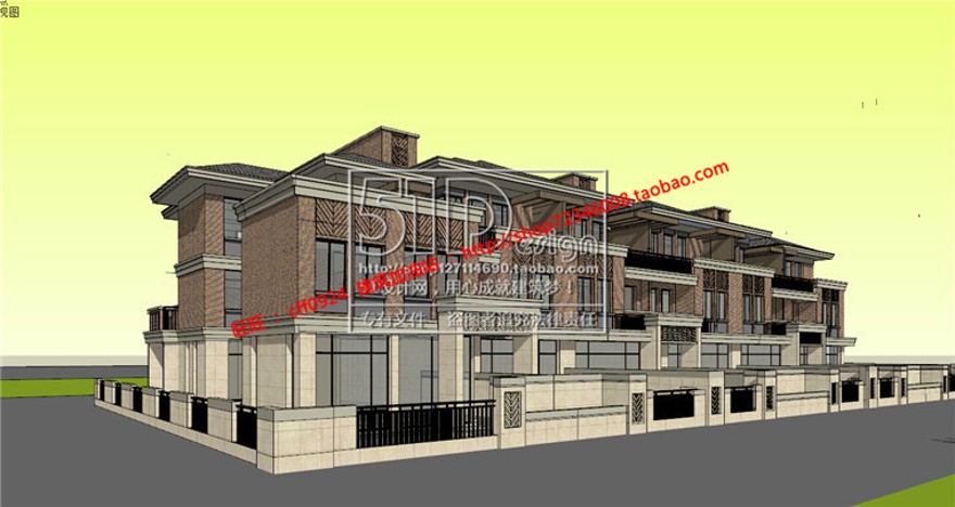 中式联排商业别墅精细su模型+cad图纸+效果图建筑景观规划资料