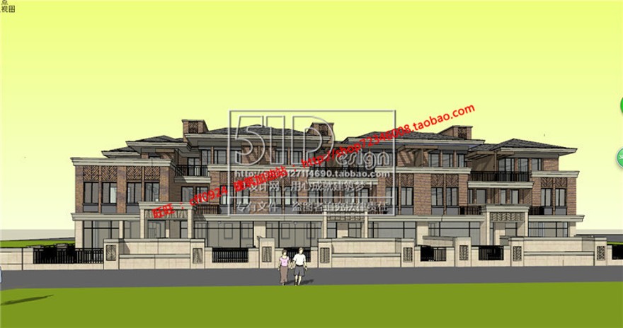 中式联排商业别墅精细su模型+cad图纸+效果图建筑景观规划资料