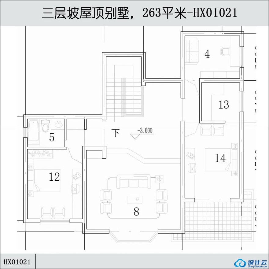 三层坡屋顶商业别墅，263平米-CAD方案平面图/立剖面图/施工图系列