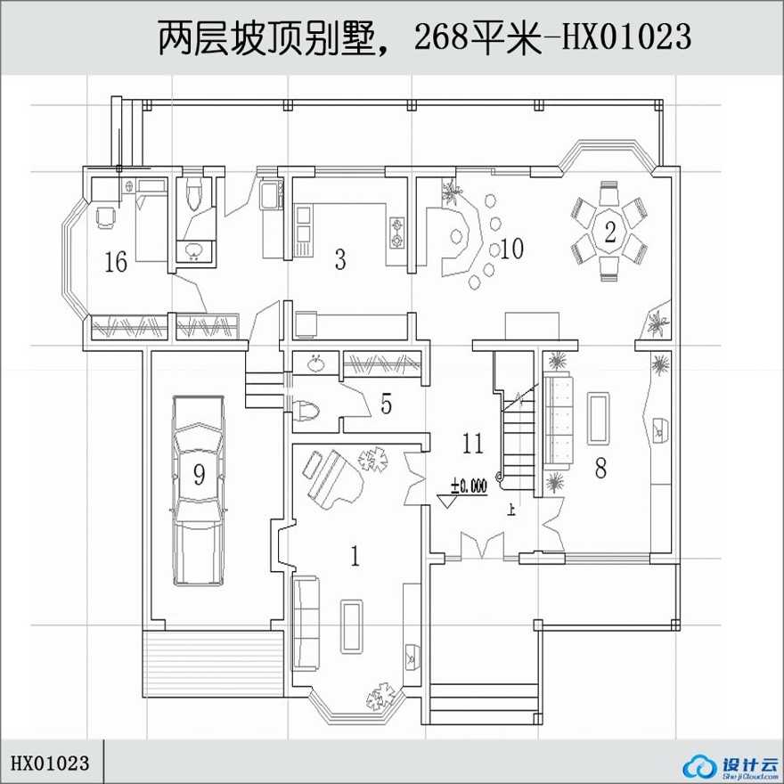 两层坡顶商业别墅，268平米-CAD方案平面图/立剖面图/施工图系列