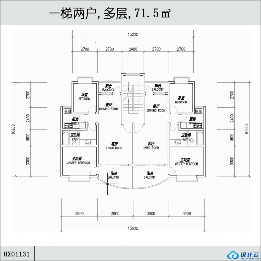 一梯两户,多层,71.5㎡-CAD方案平面图/立剖面图/施工图系列