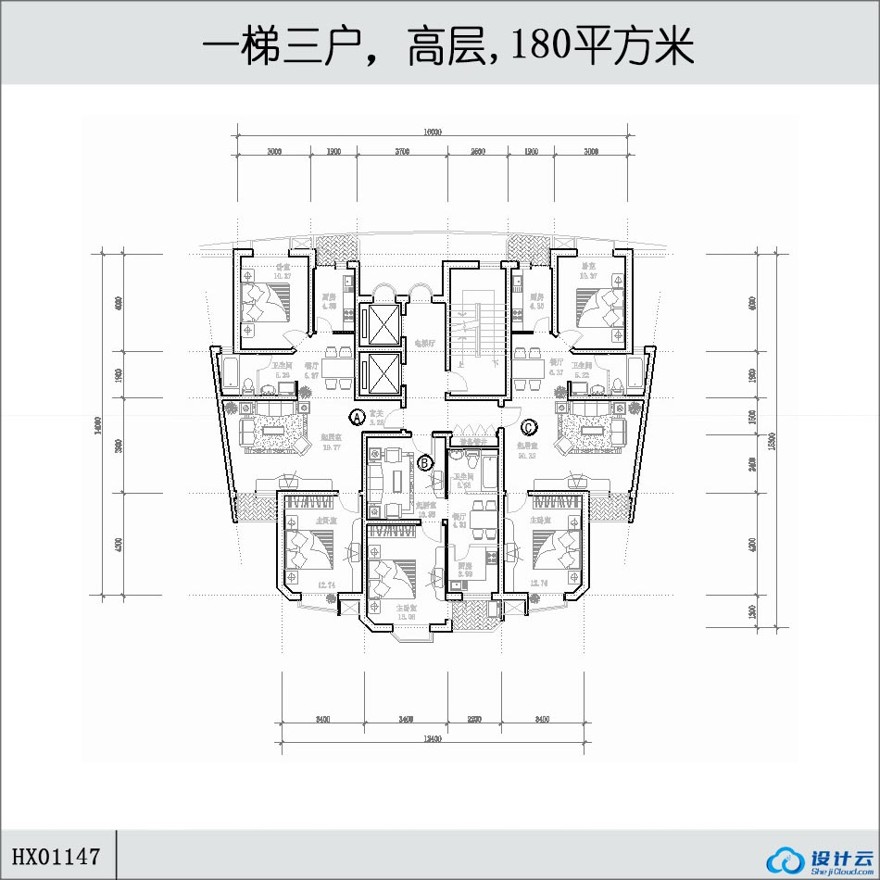 一梯三户，高层住宅,180㎡