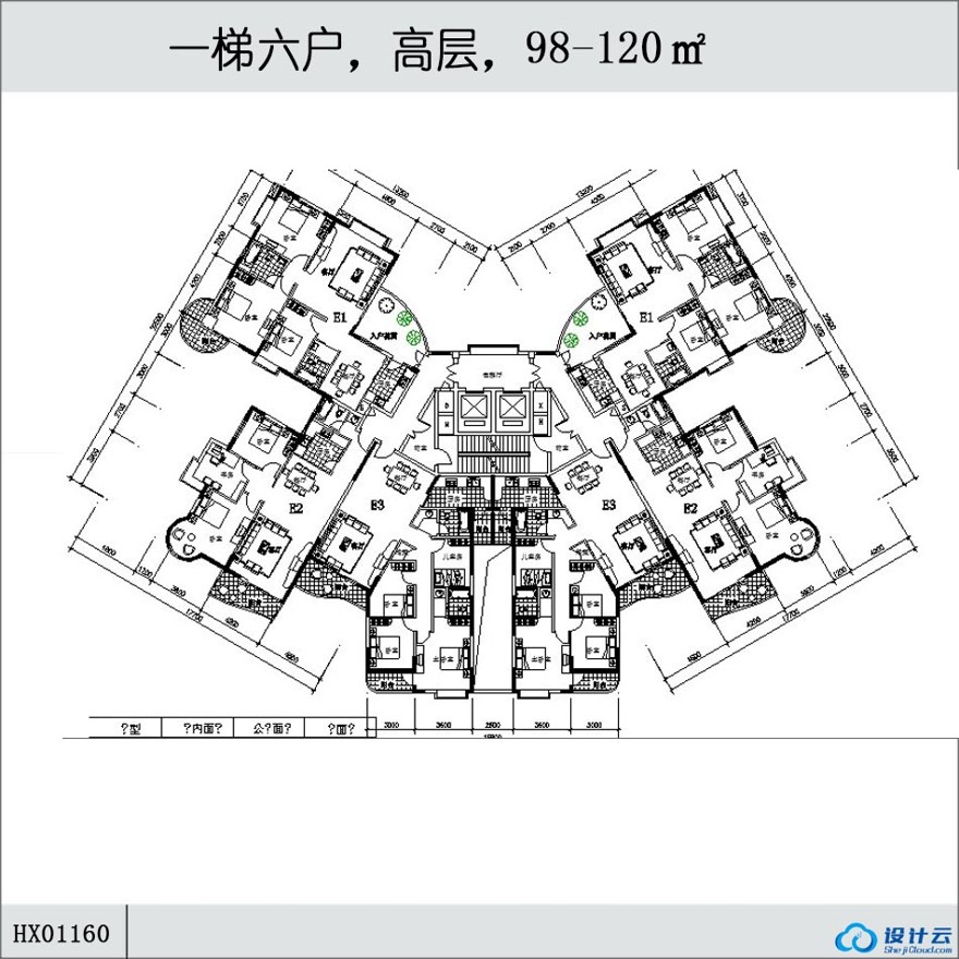 一梯六户，高层住宅，98-120㎡-CAD方案平面图/立剖面图/施工图系列