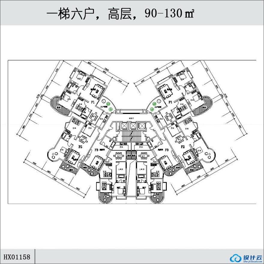 一梯六户，高层住宅，90-130㎡-CAD方案平面图/立剖面图/施工图系列