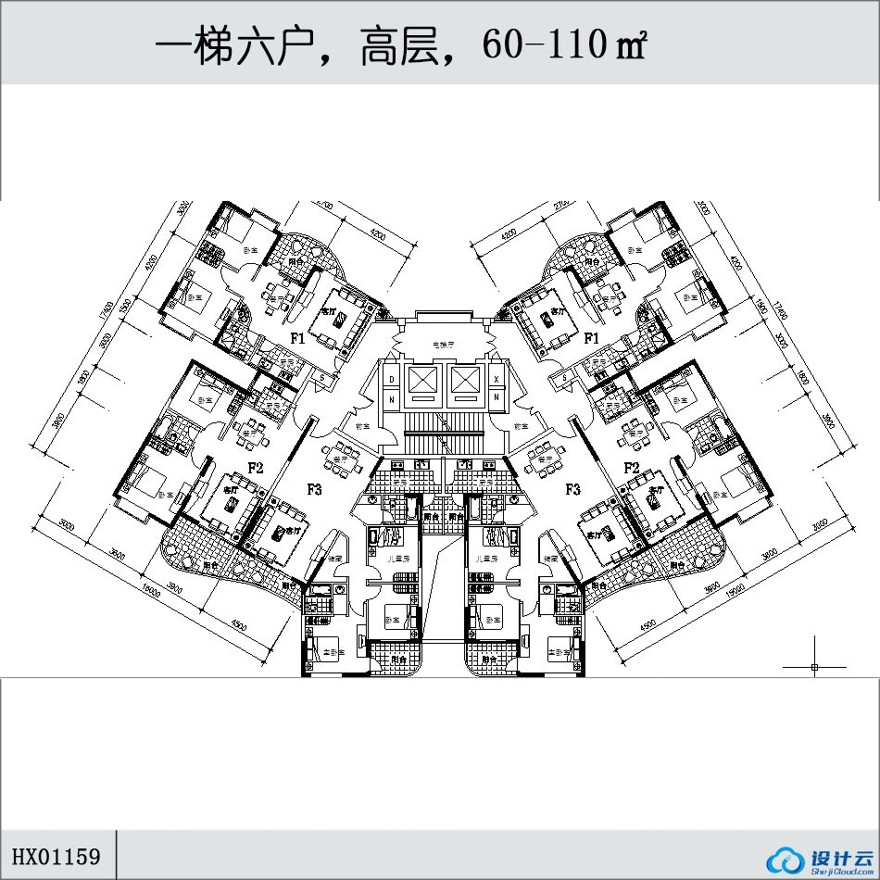 一梯六户，高层住宅，60-110㎡-CAD方案平面图/立剖面图/施工图系列