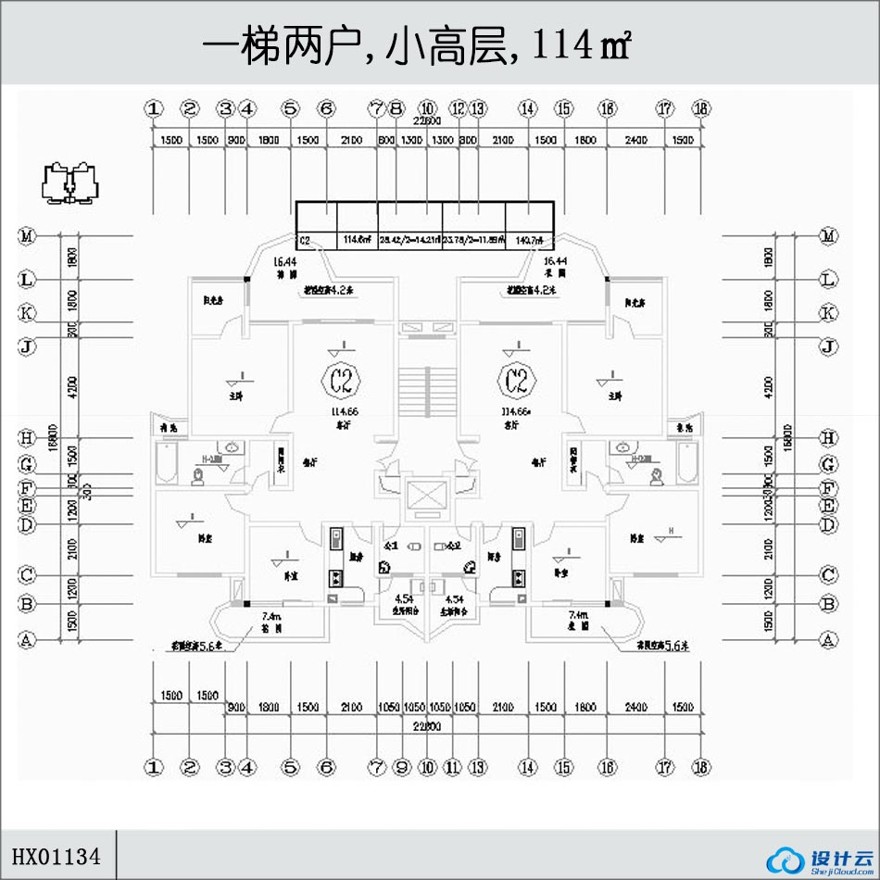 一梯两户,小高层住宅,114㎡-CAD方案平面图/立剖面图/施工图系列