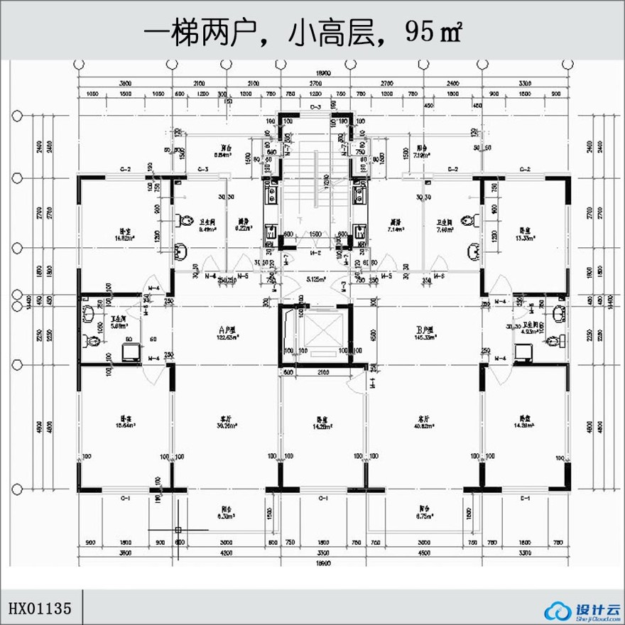 一梯两户，小高层住宅，95㎡-CAD方案平面图/立剖面图/施工图系列