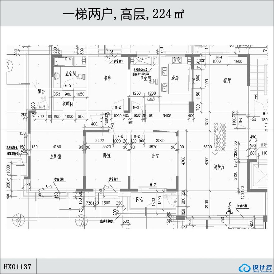 一梯两户,高层住宅,224㎡-CAD方案平面图/立剖面图/施工图系列