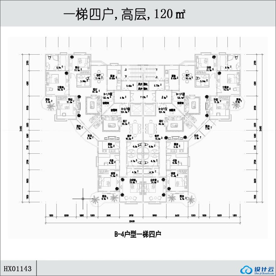 一梯四户,高层住宅,120㎡-CAD方案平面图/立剖面图/施工图系列