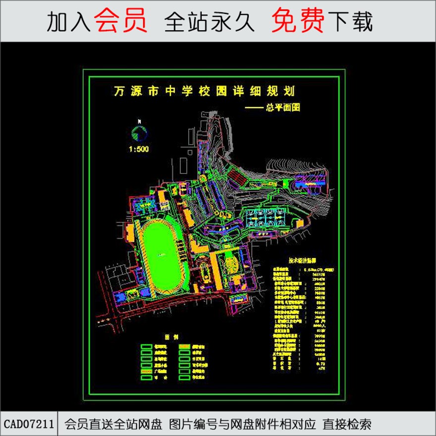 万源市中学校园详细规划-CAD方案平面图/立剖面图/施工图系列