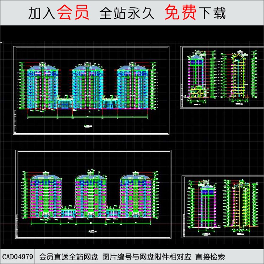 CAD地豪园住宅立面图.d-CAD方案平面图/立剖面图/施工图系列