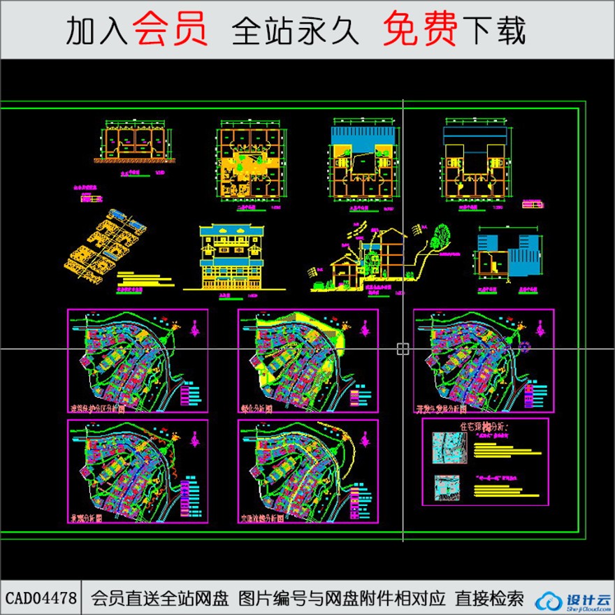 CAD住宅设计建筑分析图-CAD方案平面图/立剖面图/施工图系列