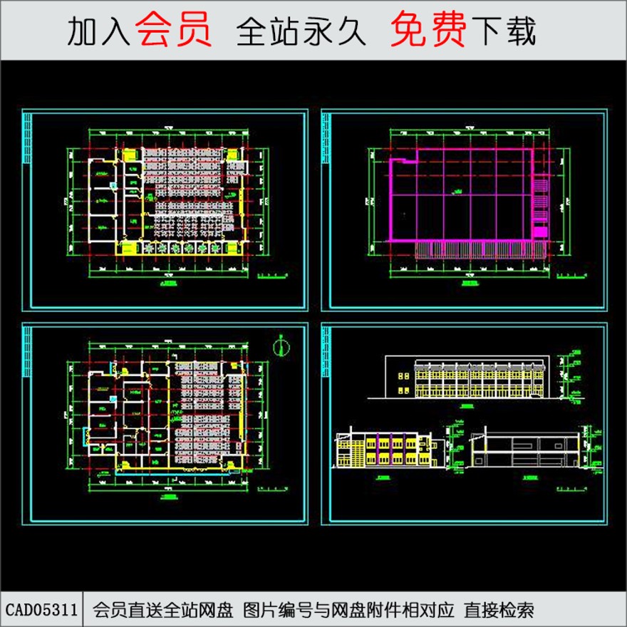 食堂建筑设计图方案图-CAD方案平面图/立剖面图/施工图系列