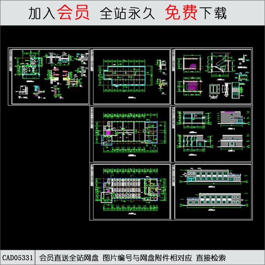 某公司食堂建筑施工图-CAD方案平面图/立剖面图/施工图系列