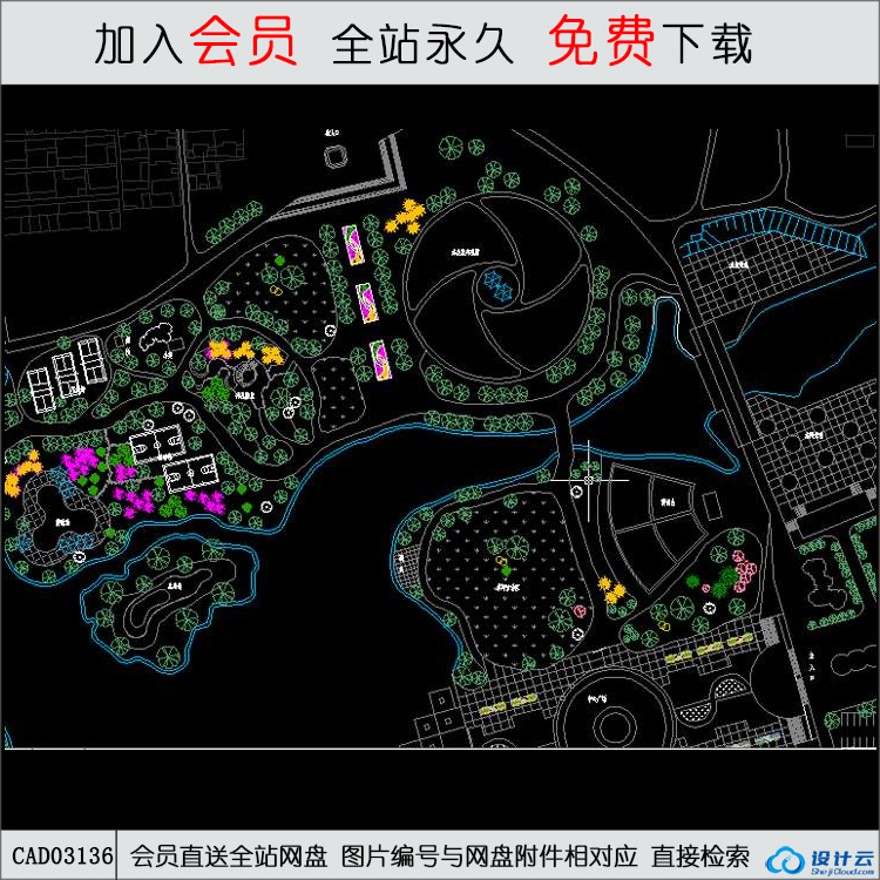 沿河岸公园景观园林设计绿化植物配置景观-CAD方案平面图/立剖面图/施工图系列