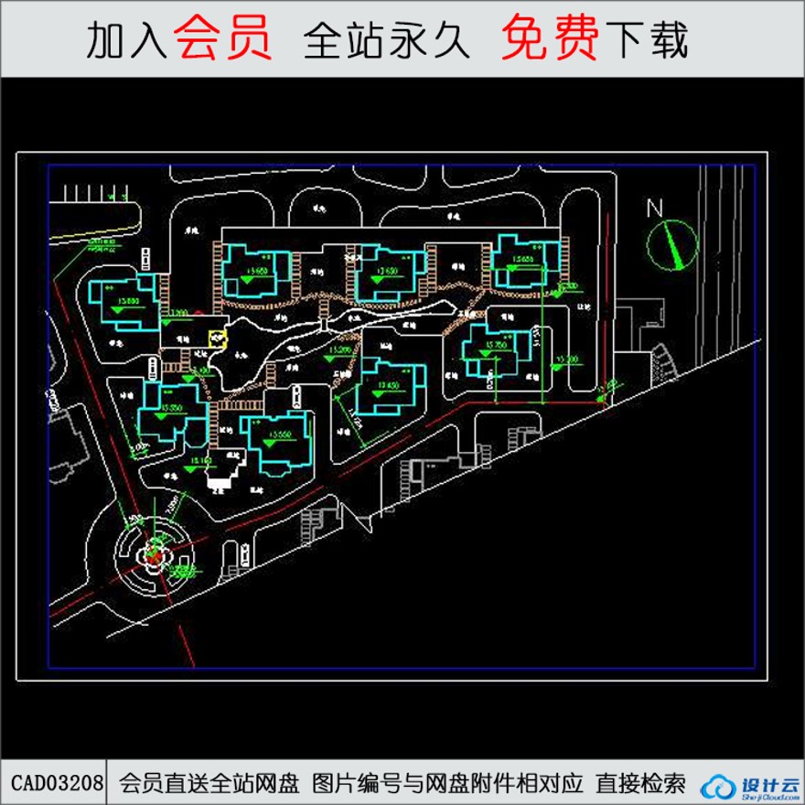 联体商业别墅群内部室外环境-CAD方案平面图/立剖面图/施工图系列