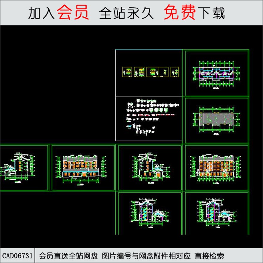 四层古建筑民居建筑施工图-CAD方案平面图/立剖面图/施工图系列