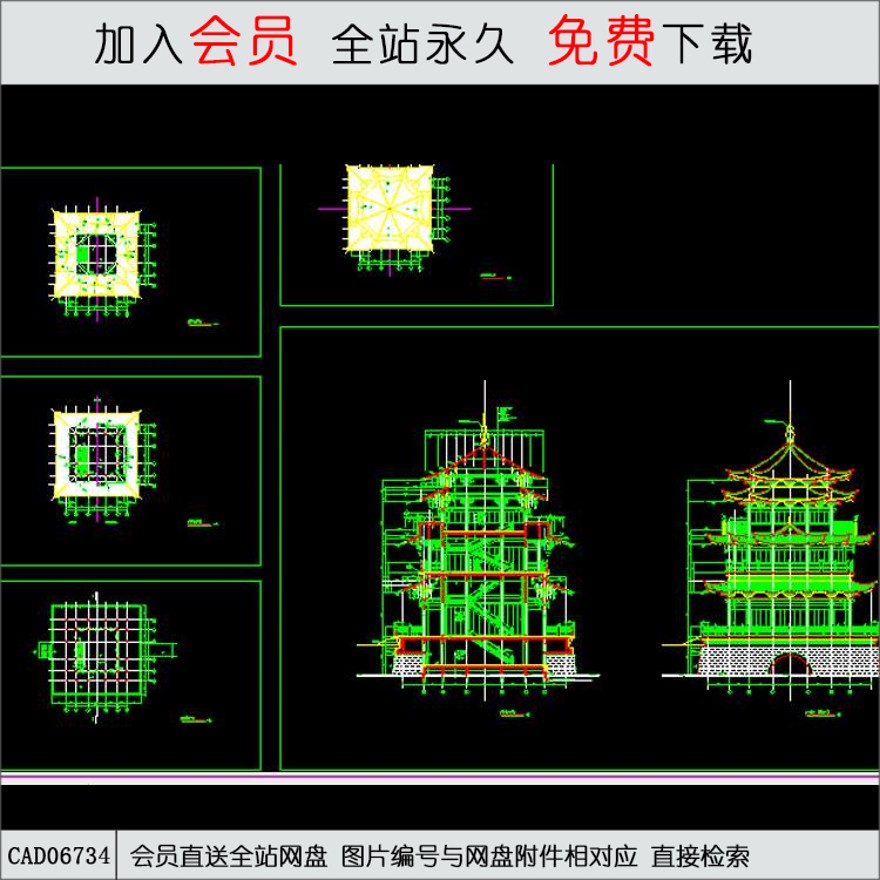 云峰烟水阁平立面建筑图-CAD方案平面图/立剖面图/施工图系列