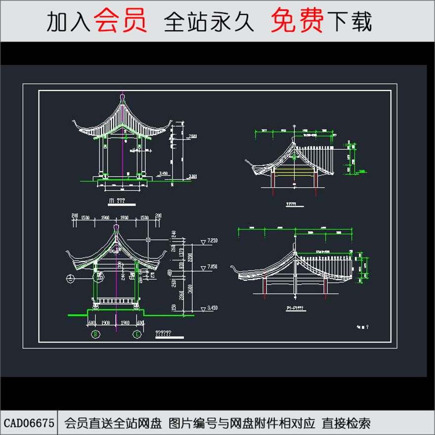 古建筑小品施工图纸-CAD方案平面图/立剖面图/施工图系列