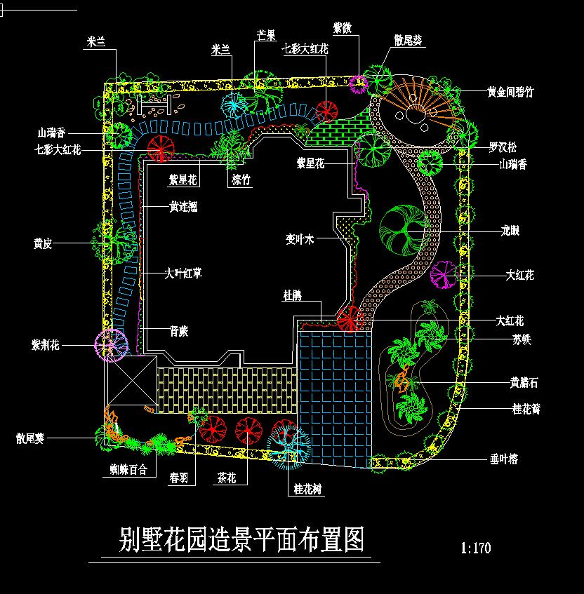 商业别墅花园造景平面布置图-CAD方案平面图/立剖面图/施工图系列