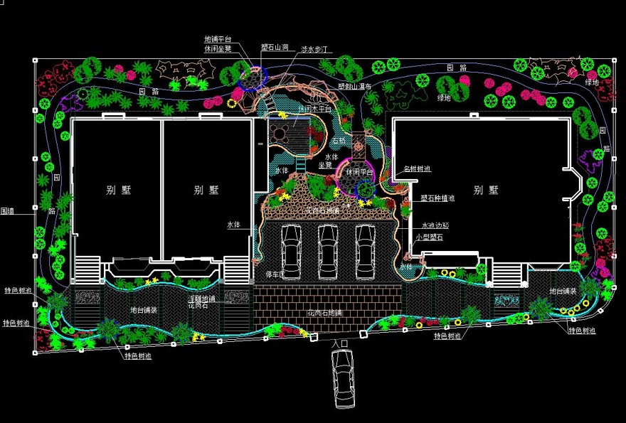 商业别墅景观方案设计-CAD方案平面图/立剖面图/施工图系列