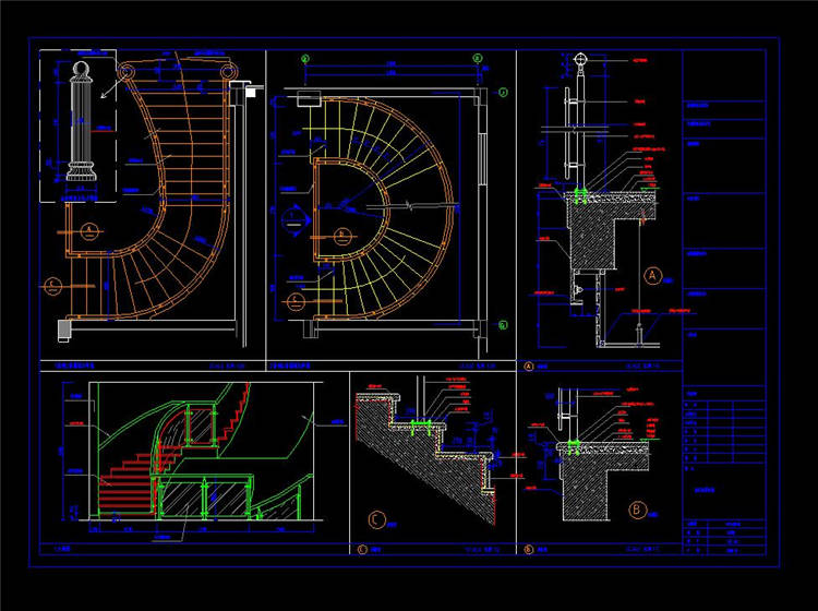 酒店旋转楼梯详图-CAD方案平面图/立剖面图/施工图系列