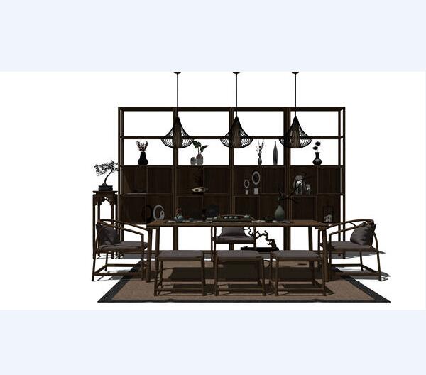 新中式风格桌椅组合摆件吊灯装饰架盆栽SU模型sketchup模型2-SU建筑景观室内模型