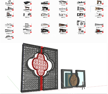模型素材SU中式景观模型库草图大师园林照壁影墙原创-SU建筑景观室内模型