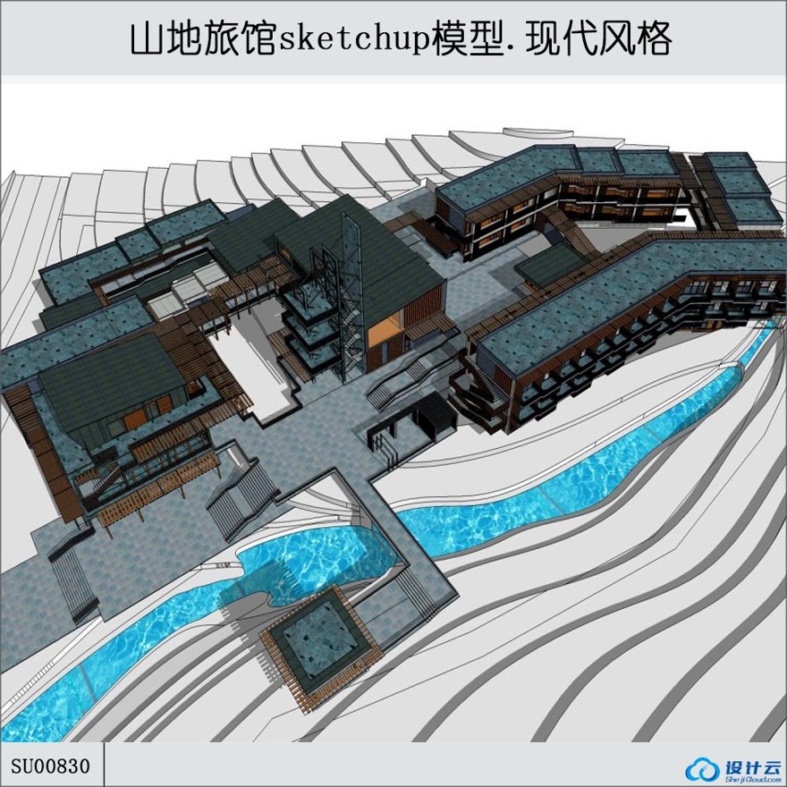 sketchup山地住宅旅馆-三层-连廊环绕-sketchup建筑景观室内模型