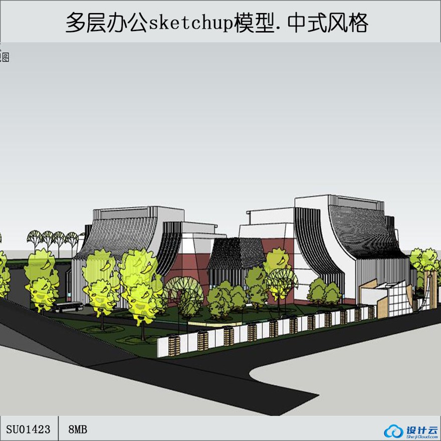 sketchup一套古典园林风格多层办公楼设计su模型-sketchup建筑景观室内模型