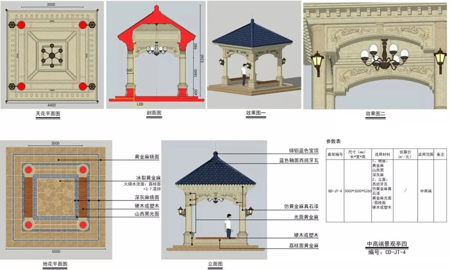 最新《景观亭》标准化设计顶豪项目参考资料-某地产集团园林研究院景观单体（景观亭）标准化设计文件（方案+SU精细模型+施工图）