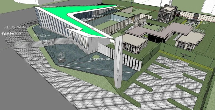 以施工图标准建SU模型-龙湖地产地产某现代极简造型造型风格经典示范区项目景观设计SU精细模型（资料包括：1个SU模型）