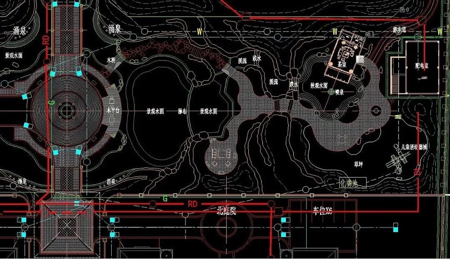 水景（溪流、瀑布、涌泉）-挡墙方向典藏级施工图资料-某国企专家楼景观设计全套施工图（园建+植物+水电+结构）